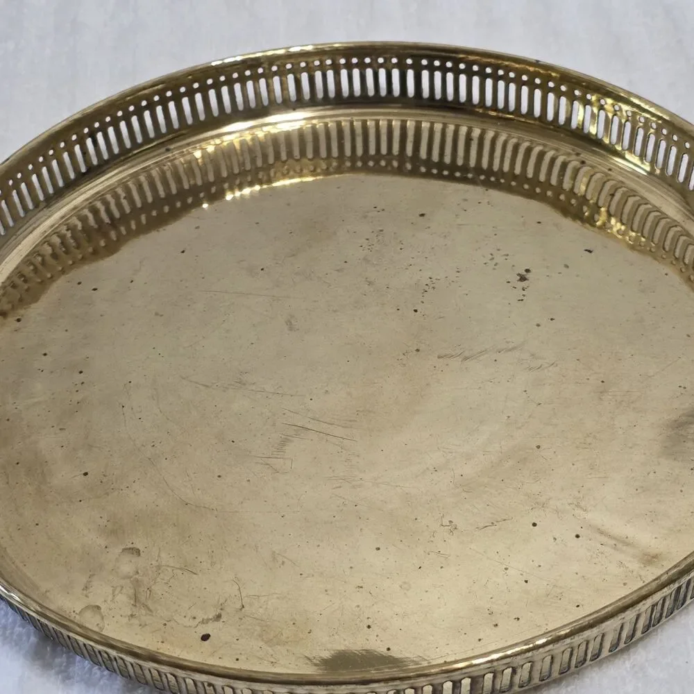 Vintage Brass Platter Serving Tray 12” W/ Ornate Flower Handles Made in India